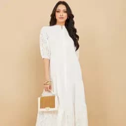 Three-Fourth-Sleeve-Schiffli-Shirt-Midi-Dress
