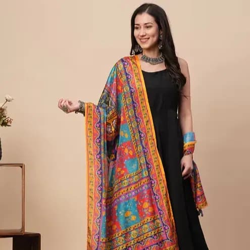 Women-Multi-Color-Floral-Ethnic-Motifs-Print-Dupatta-with-Tassels