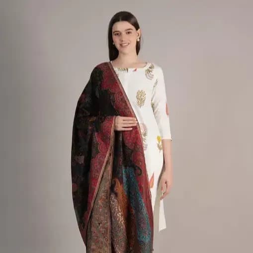 Womens-Fine-Soft-Ethnic-Woven-Wool-Reversible-Shawl-Black