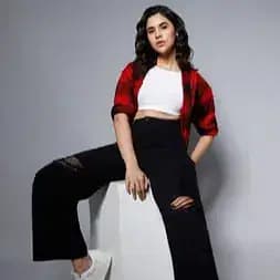 Women-Black-Wide-Leg-High-Rise-Slash-Knee-Jeans